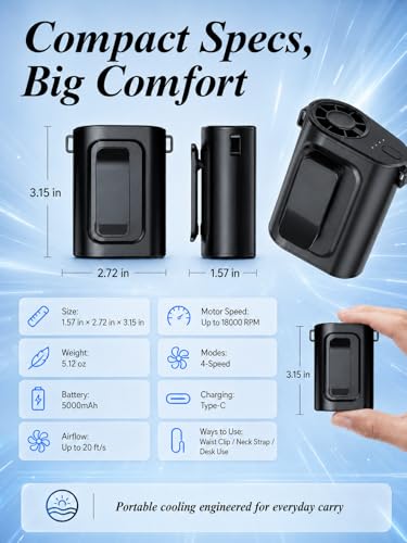 Waist Fan Portable Ultra Lightweight Design | Belt Clip on Fan for Shirt, Up to 36H Runtime, High Speed 18000RPM Strong Airflow, Neck Body Fan Camping Essentials