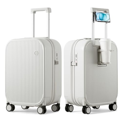 mixi Carry On Luggage with Cup Phone Holder Hard Shell Rolling Travel Suitcase with Spinner Wheels,20 Inch Smoke White - color: Smoke White, size: 20-inch