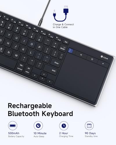 CZUR K5S Bluetooth Keyboard with Touchpad, Wireless & Wired, Rechargeable | Meadia Control, HTPC for PC-connected TV, Portable Keyboard for PC/Laptop/Tablet/Phone, for Windows/Mac/Android/iOS