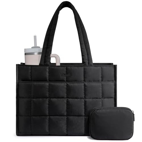 LOVEVOOK Tote Bag for Women, Puffer Work Handbag 17 Inch Laptop Purse for Nurse Teacher, Large Quilted Travel Tote Shoulder Bag with Zipper for College Office Clinical Gym, Black - color: Black, size: 17.3 inch