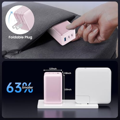 128W USB C Wall Charger,GaN III 3-Port Fast Charging Station,PD QC Foldable Charger Block Portable 65W Laptop Adapter for MacBook Pro/Air,iPad Pro,Galaxy S23,Dell XPS 13,iPhone 17/16/Pro etc - color: Pink
