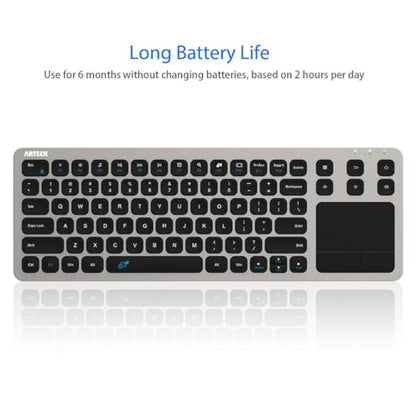 Arteck 2.4G Wireless Touch TV Keyboard with Easy Media Control and Built-in Touchpad Mouse Solid Stainless Ultra Compact Full Size Keyboard -Connected Computer, Smart TV, HTPC