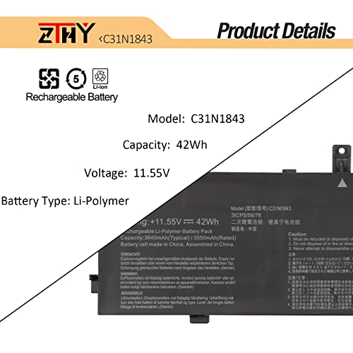 ZTHY C31N1843 Laptop Battery Replacement for ASUS VivoBook S14 S432FA S432FL Vivobook S15 S532 S532FA S532FL X432FA X432FL X432FLC X532FA X532FL X532FLC S432FA-EB008T S532FA-DH55 S532FA-DB55 42Wh - size: 12.01*4.53*0.31 inch C31N1843