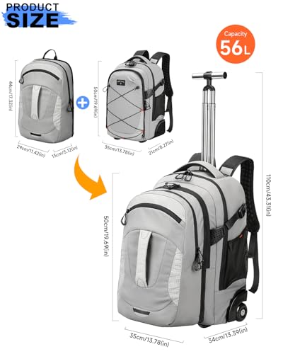 2-in-1 Detachable Backpack with wheels,56L Large rolling backpack-Splits into Daypack & Laptop Backpack Fits 17 Inch Laptop,Water Resistant Luggage suitcase,Air Travel,Weekend Trips - color: Grey