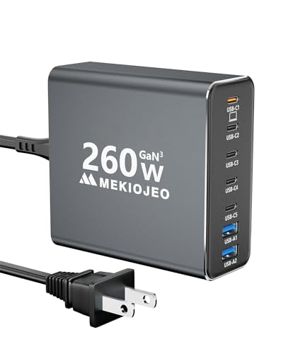Aluminum Alloy 260W USB C Charger GaN Fast USB C Charging Station 7 Ports | 65W Laptop Charger for MacBook Pro/Air/iPad Pro/iPhone - color: Gray
