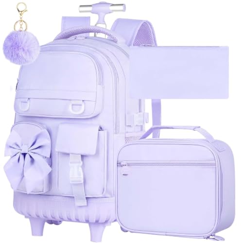 3Pcs Rolling Backpack for Girls Women, School Kids Roller Bookbag with Wheels, Wheeled Backpacks Set for Elementary (Purple) - color: Bow Purple