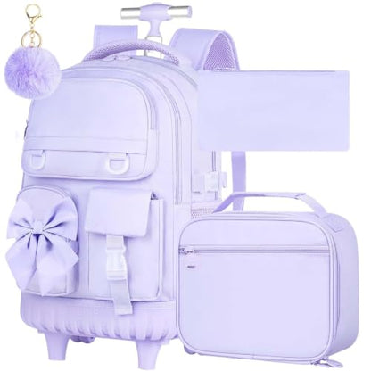 3Pcs Rolling Backpack for Girls Women, School Kids Roller Bookbag with Wheels, Wheeled Backpacks Set for Elementary (Purple) - color: Bow Purple