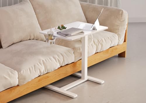 Claiks Mobile Standing Desk with Cup Holder Overbed Table 25.5" White | Cup Holder, Rolling Adjustable Desk, Hidden Wheels, Gas Spring Lift, Side Hook, Easy Assembly, Hospital Use - color: White