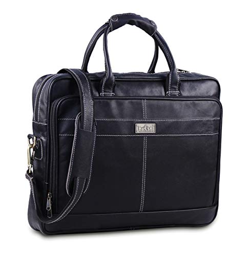 18 Inch Leather Laptop Bag for Computer Bag for Men– Supple Genuine Leather Briefcases for Men W/Padded Laptop Case Leather - color: Black