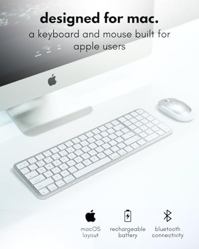 Macally Bluetooth Mac Keyboard and Mouse (Compact, Multi Device, Rechargeable) - Wireless Apple Keyboard and Mouse Combo - for Mac mini/Studio, MacBook Pro/Air, iMac, iPad, iPhone - Silver - color: Silver