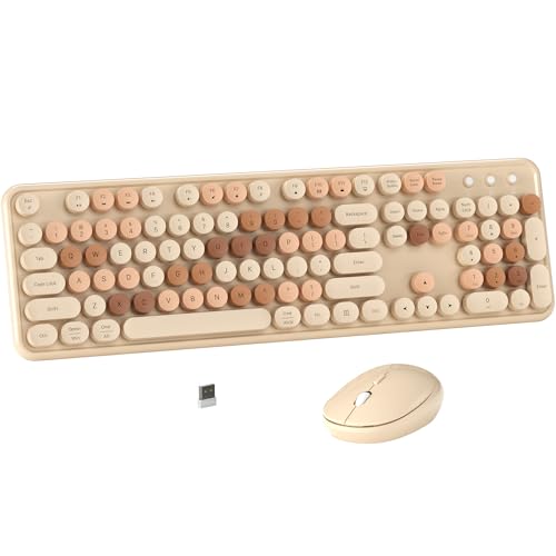 MPTOG Colorful Wireless Computer Keyboard and Mouse Combo with Round Typewriter Keycaps, Retro Design, Power Switch, Ergonomic Design, 2.4GHz Wireless for Windows, Mac, PC(Milk-Tea Colorful) - color: Milk Tea-Colorful