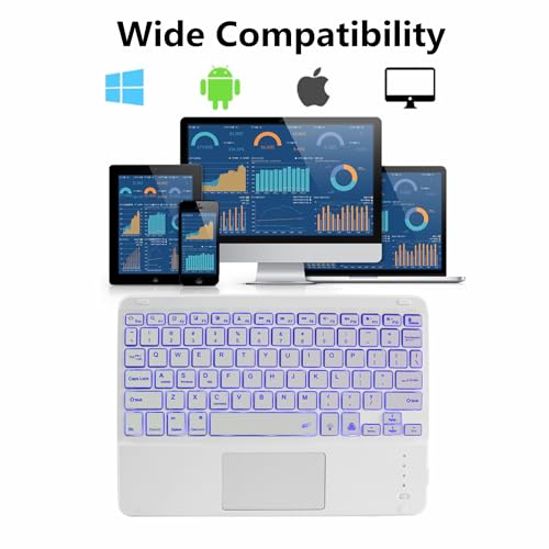 Wireless Backlit Bluetooth Keyboard with Touchpad,10 inch Ultra Slim 7Colors Backlit Portable Rechargeable Keyboard with Trackpad for IPad/IPad Pro iOS Android Tablets Windows Laptop PC(White) - color: white