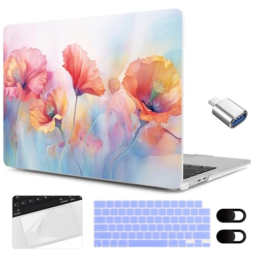MEEgoodo Case for M5/M4/M3/M2 MacBook Air 15 inch Case 2026 2025 2024 2023, Laptop Shell Fit Model (A3448/A3241/A3114/A2941) for MacBook Air 15.3-inch, Field Rainbow Poppies - color: Field Rainbow Poppies
