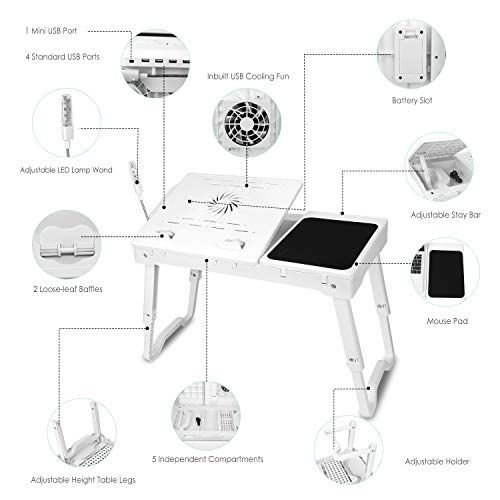 Laptop Table Bed Notebook Desk-Multi-Functional Laptop Bed Table Tray with Internal Cooling Fan, Laptop Desks with LED Light, 4 USB Ports, Storage, Mouse Pad (white)