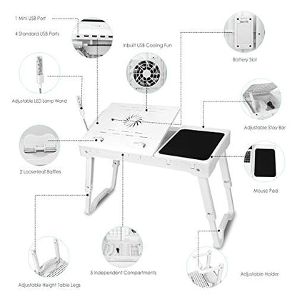 Laptop Table Bed Notebook Desk-Multi-Functional Laptop Bed Table Tray with Internal Cooling Fan, Laptop Desks with LED Light, 4 USB Ports, Storage, Mouse Pad (white)