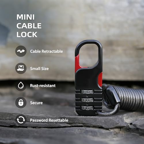 Small Combination Ski Lock with Retractable Cable (3ft/91cm Wire), Thin Cable Locks with Combination for Travel Luggage, Suitcases, Backpack, Snowboard, Bike, Motorcycle Helmet Anti Theft - color: Black+Black