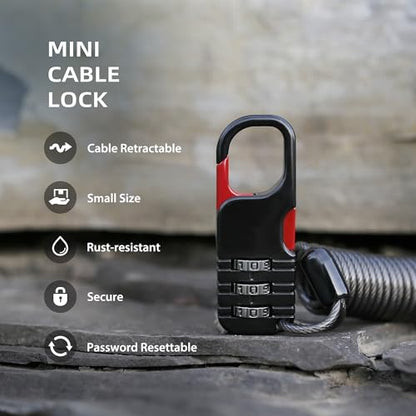 Small Combination Ski Lock with Retractable Cable (3ft/91cm Wire), Thin Cable Locks with Combination for Travel Luggage, Suitcases, Backpack, Snowboard, Bike, Motorcycle Helmet Anti Theft - color: Black+Black