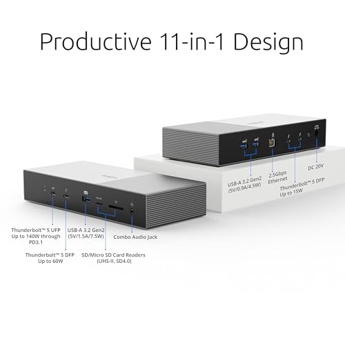 Kensington SD5000T5 Thunderbolt 5 Docking Station (K35201NA) Silver | Dual 6K at 60Hz displays, 140W power delivery, compatible with MacBook M1-M5 and Windows Thunderbolt 5 laptops