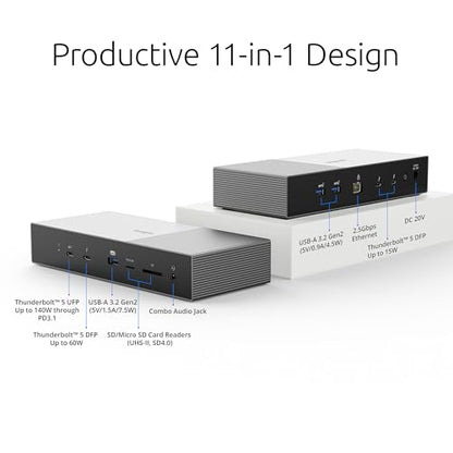 Kensington SD5000T5 Thunderbolt 5 Docking Station (K35201NA) Silver | Dual 6K at 60Hz displays, 140W power delivery, compatible with MacBook M1-M5 and Windows Thunderbolt 5 laptops