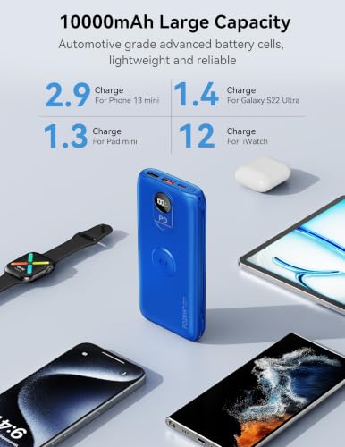 Portable Charger 10000mAh 20W, Wall Plug, 2 Cables, iWatch Charging | Digital Display, Compact Lightweight, USB C Fast Charge, USB-A 18W, Multi Protection, Travel Essential, for iPhone 17 16, Pad - color: Sapphire Blue