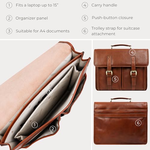 Time Resistance Leather Briefcase for Men Handcrafted in Italy Full Grain Messenger Bag for Laptop - color: Cognac