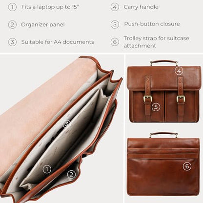 Time Resistance Leather Briefcase for Men Handcrafted in Italy Full Grain Messenger Bag for Laptop - color: Cognac