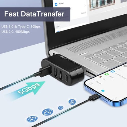 4-Port USB C Hub [90°/180° Degree Rotatable], USB C Adapter Splitter with PD-in 5W Port, USB Extender for MacBook, iMac, Surface, and More C Port Laptop(Not for Car) - style: USB-C