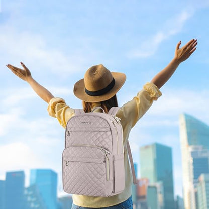 KROSER Laptop Backpack for Women 15.6 Inch Stylish Daypack with USB Charging Port, Water-repellent Nylon Backpack for Travel/Business, Dusty Pink | Water-repellent fabric, multi-compartment,adjustable shoulder straps and luggage strap-Grey Pink - color: D