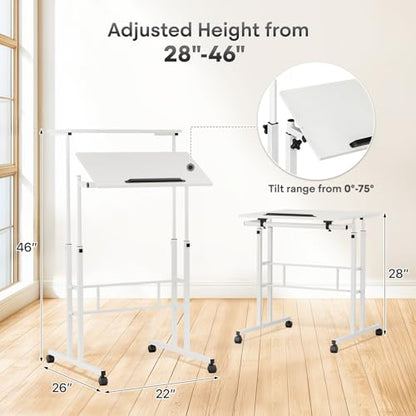 Athena Collection Rolling Standing Desk Small Mobile Table, White | 4 Lockable Wheels, Engineered Wood Split Top, Adjustable Height for Home Office Computer Workstation - color: White