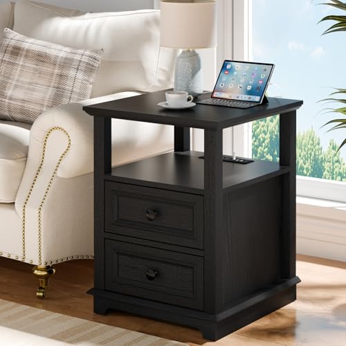 Side Table with Fast USB C Charging Station & 2 Drawers | Large Storage Rustic Wood Square Storage Cabinet for Living Room, Bedroom, Office - color: Black, size: 1 Piece