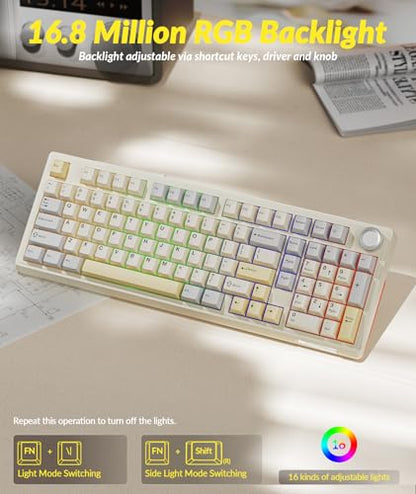 SOLAKAKA KI99 Pro 96% Wireless Gaming Keyboard, RGB Creamy Keyboardw with Knob, Hot-Swappable Pre-Lubed Switches, Gasket Structure Mechanical Keyboards (Beige-White, Non-Silent Version) - color: Beige-White, size: Non-Silent Version