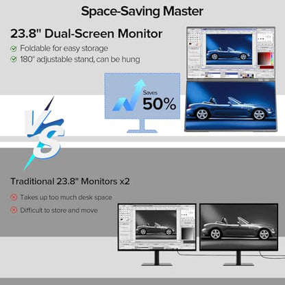 UPERFECT Delta 23.8" 100Hz Portable Dual Monitor for Laptop Screen Extender, 1080P HDR 360° Folding Stacked Triple Monitor with Stand & VESA for Laptop PC Phone Game Console (No Driver Needed) - size: 23.8"