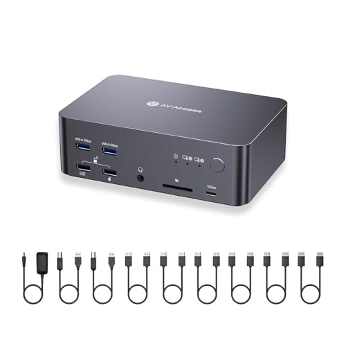 AV Access 8K DisplayPort KVM Docking Station 3 Monitors 2 PCs, with 6 DP Cables, 3xUSB 3.0 Hub, GbE, 8K@60Hz 4K@165Hz KVM Switch Triple Monitors 2 Desktops, SD, Audio, All-Aluminum, for HP, Dell - size: D23