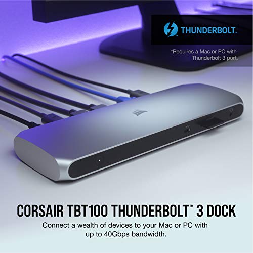 Corsair TBT100 Thunderbolt™ 3 Dock – 85W Charging, Dual 4k 60Hz Support, 2X HDMI, 40Gb/s,USB-C Gen 2 (15W) x2, USB-A 3.1 (7.5W) x2, Gigabit Ethernet – for Mac and PC laptops