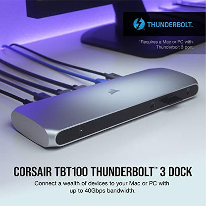 Corsair TBT100 Thunderbolt™ 3 Dock – 85W Charging, Dual 4k 60Hz Support, 2X HDMI, 40Gb/s,USB-C Gen 2 (15W) x2, USB-A 3.1 (7.5W) x2, Gigabit Ethernet – for Mac and PC laptops