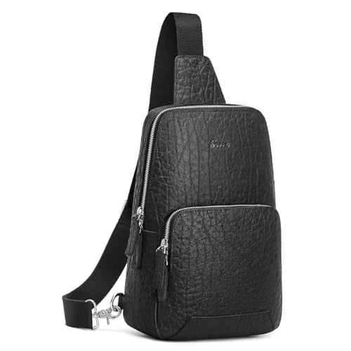 S-ZONE Sling Bag for Men Women RFID Blocking Genuine Leather Crossbody | Top Grain Leather, Vintage Chest Bag, Hiking Daypack Travel Outing Shopping, Anti-theft, Multi Pockets - color: 2-black