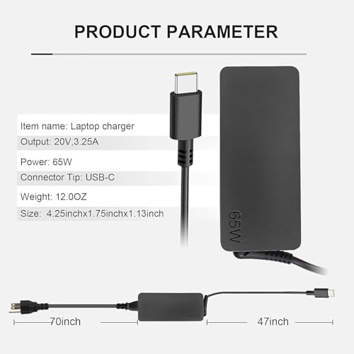 USB C 65W Laptop Charger Compatible with Lenovo Thinkpad X1 X13 T14 T15 T480s T580s ADLX65YDC2A ADLX65YLC2D Yoga 7i 9i C930 C940 Chromebook C330 S330 100e 300e 65W Laptop Power Supply Adapter Cord