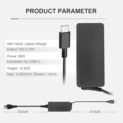 USB C 65W Laptop Charger Compatible with Lenovo Thinkpad X1 X13 T14 T15 T480s T580s ADLX65YDC2A ADLX65YLC2D Yoga 7i 9i C930 C940 Chromebook C330 S330 100e 300e 65W Laptop Power Supply Adapter Cord