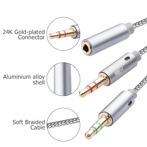 YACSEJAO Headphone and Mic Splitter 2Pack 3.5 mm y Splitter 1/8 Inch 1 Male to 2 Female Headphone Microphone Audio Braided Adapter（Grey + Black）