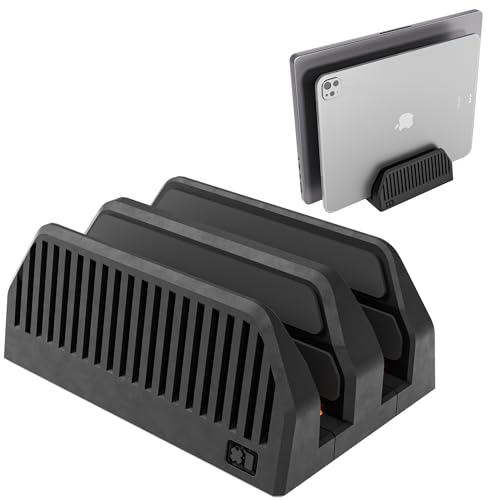 Dual Laptop Stand for Desk – Vertical Laptop Stand 2 Slot Spring-Powered Auto Adjust – Dual Vertical Laptop Stand for MacBook Pro Air – Space Saving Laptop Holder Vertical – Made in NYC - color: Black/Orange, size: Dual Slot