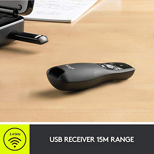 Logitech Wireless Presenter R400 USB A PowerPoint Clicker with Laser | USB-A connection, PowerPoint clicker, presentation remote control - color: Red Laser, style: 5 buttons