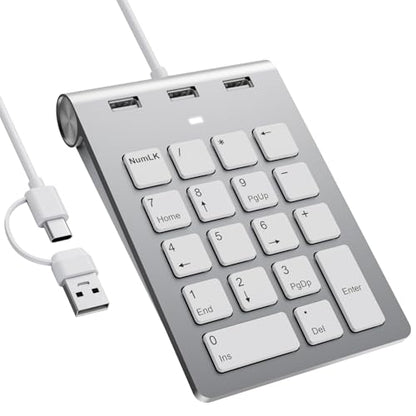 Wired Numeric Keypad with USB A/USB C, Multifunction Keys Number Pad with 3 Additional USB 2.0 Ports, 18 Keys, 15° Ergonomic Programmable Numeric Pad for Laptops, Notebooks, and Desktops
