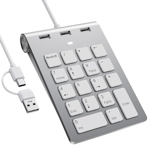Wired Numeric Keypad with USB A/USB C, Multifunction Keys Number Pad with 3 Additional USB 2.0 Ports, 18 Keys, 15° Ergonomic Programmable Numeric Pad for Laptops, Notebooks, and Desktops