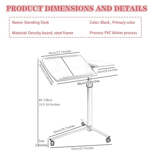 Height Adjustable Standing Desk, Home Office Sit Stand Desk, Mobile Sofa Side Table, Portable Tiltable Podium with Rollers, Double Panel Design(Black) - color: Black