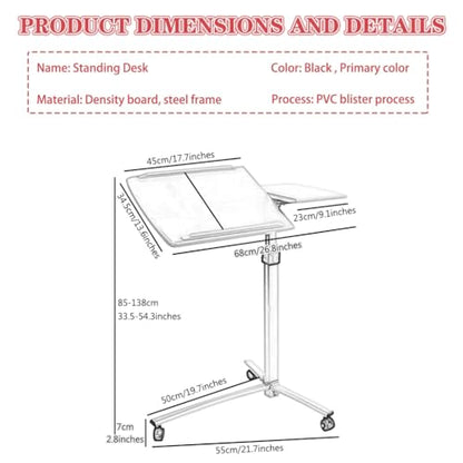 Height Adjustable Standing Desk, Home Office Sit Stand Desk, Mobile Sofa Side Table, Portable Tiltable Podium with Rollers, Double Panel Design(Black) - color: Black