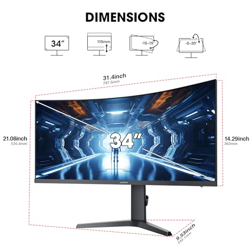 KOORUI 34 Inch Ultrawide Curved WQHD Gaming Monitor, 180Hz 1000R 1ms | 3440×1440p HDR400, 95% DCI-P3, PIP/PBP, FreeSync Premium, height-adjustable stand, gaming and multitasking - size: 34"/WQHD/1000R/HDR400