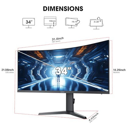 KOORUI 34 Inch Ultrawide Curved WQHD Gaming Monitor, 180Hz 1000R 1ms | 3440×1440p HDR400, 95% DCI-P3, PIP/PBP, FreeSync Premium, height-adjustable stand, gaming and multitasking - size: 34"/WQHD/1000R/HDR400