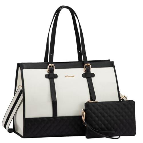 LOVEVOOK Laptop Bag for Women, 17.3 Inch Computer Tote Bags Purse for Work | Canvas, with Long Shoulder Strap&Clutch Purse, Handbag, Casual Stylish Tote Bag for Work Office Travel College Teacher School - color: White Black, size: 17 inch