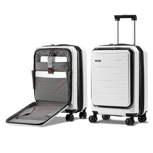 CENSIEN Expandable 20" Carry On Luggage Airline Approved with Front Pocket | Front Opening with Laptop Pocket,Lightweight ABS+PC Hard Shell Suitcases,360° Spinner Wheels,TSA Lock,YKK Zipper,White - color: White, size: 20 Inch EXT