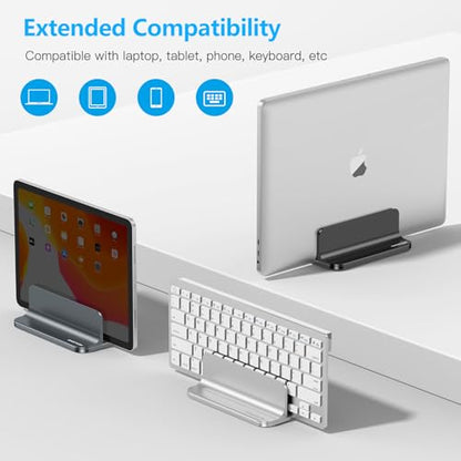 OMOTON Vertical Laptop Stand Holder, Desktop Aluminum Stand for MacBook with Adjustable Dock Size, Fits All MacBook, Surface, Chromebook and Gaming Laptops (Up to 17.3 inches), Gray - color: Grey
